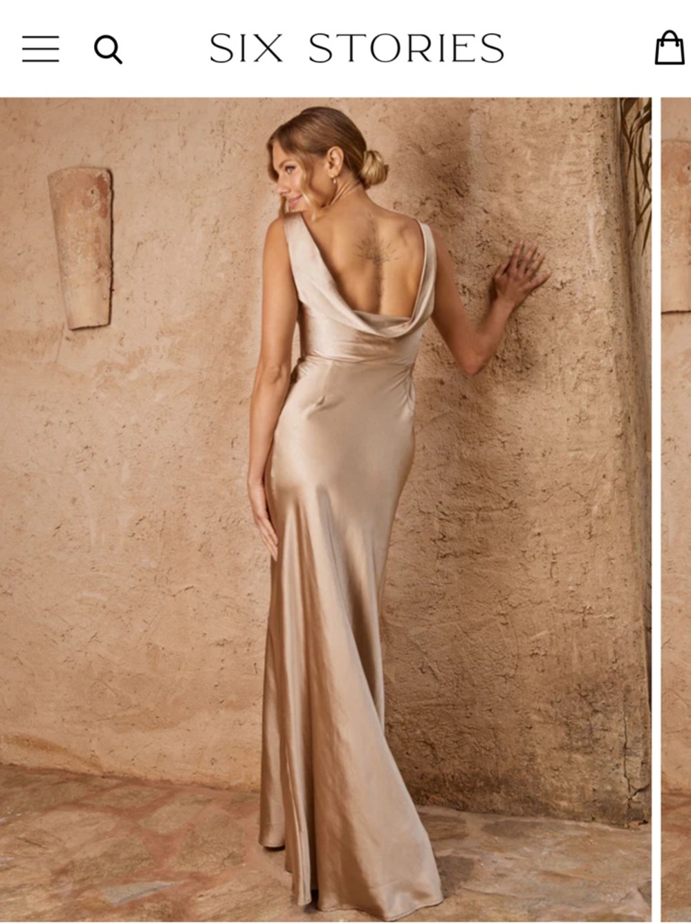Six Stories Satin Cowl-Back Evening Dress in Champagne